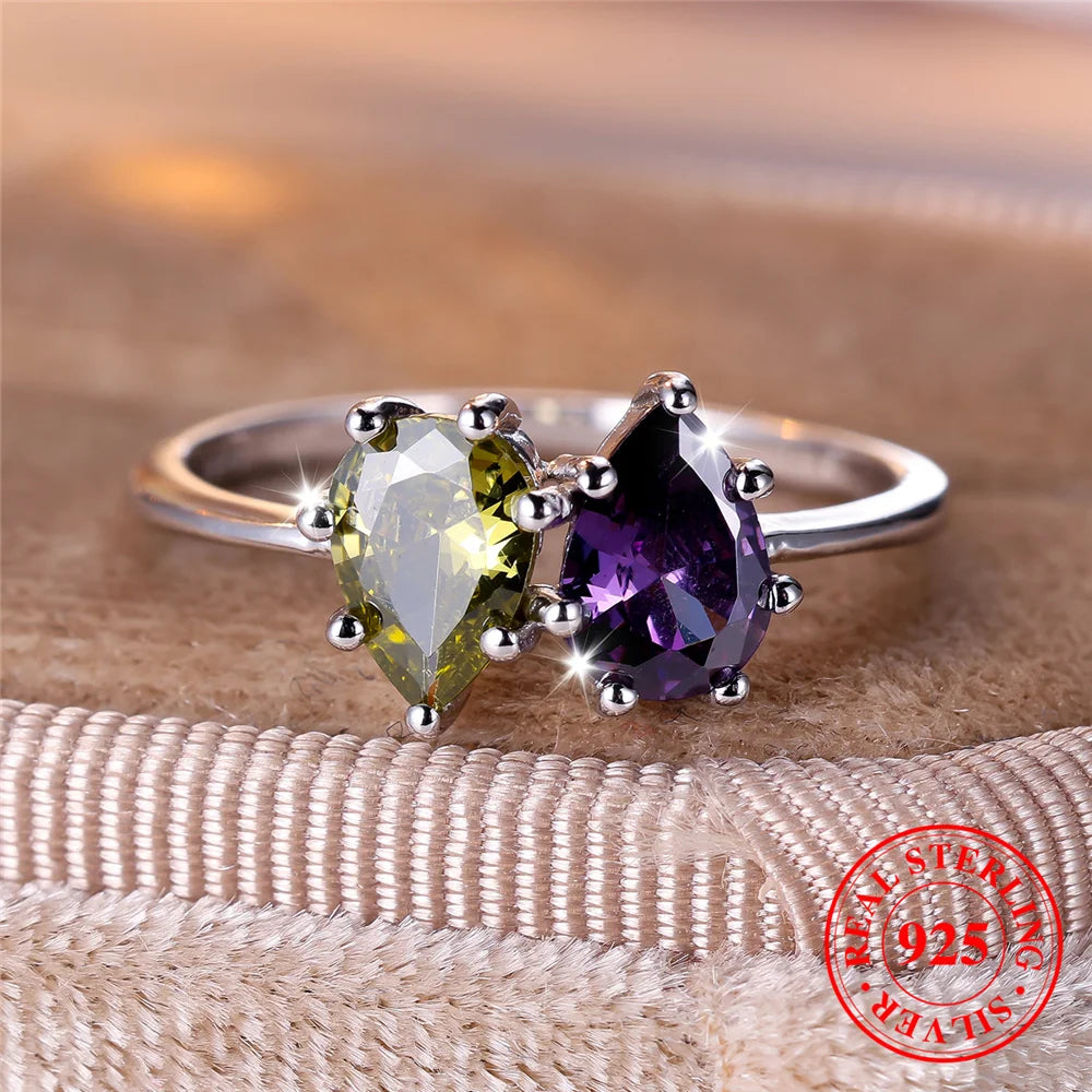 Female Real 925 Sterling Silver Peridot Amethyst Water Drop Engagement Ring Solitaire Vintage Wedding Jewelry For Women