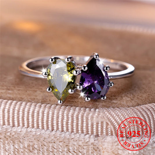 Female Real 925 Sterling Silver Peridot Amethyst Water Drop Engagement Ring Solitaire Vintage Wedding Jewelry For Women