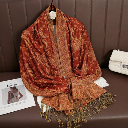 Women National Style Flower Pattern Scarf Jacquard Pashmina Cashmere Tassel Classic Shawl Coldproof Warm Neck Protection