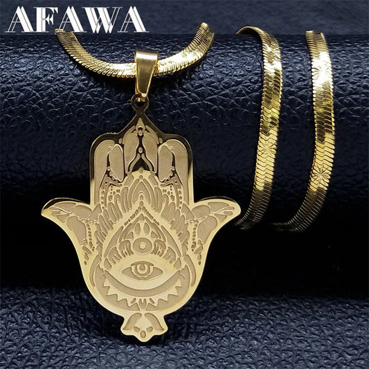 Hamsa Fatima's Hand Turkish Eye Lotus Stainless Steel Necklace AMULET RING STORE