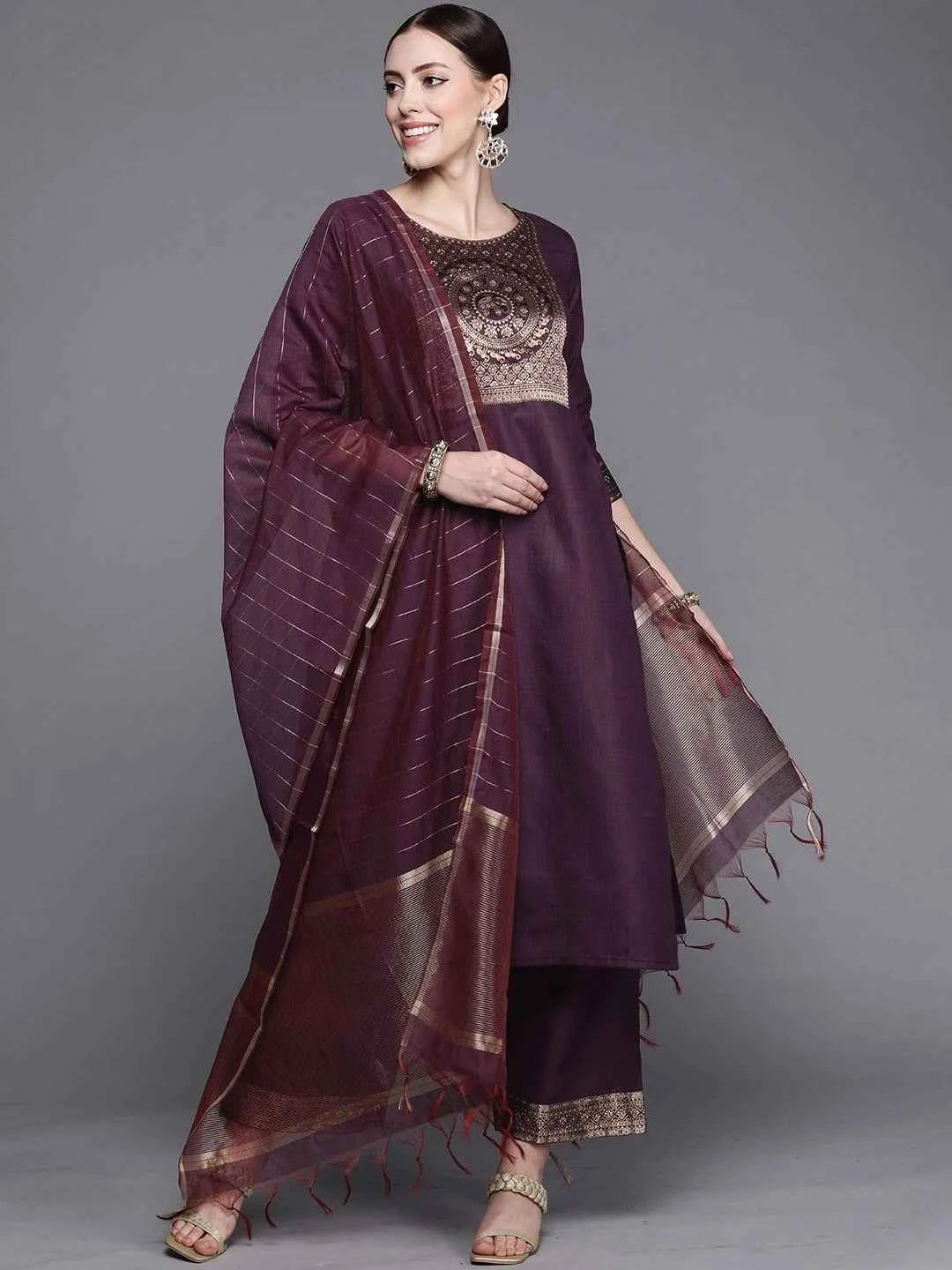 Traditional Indian Clothing 3-piece Jacquard Set And A Medium Length Cotton Blend Set In Purple Indian Saree Indian Sari