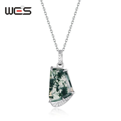 WES 100% 925 Silver Natural Unique Moss Agate Pendant Necklace for Woman Forest Jewelry Engagement Gift Boho Style Wholesale - AMULET RING STORE