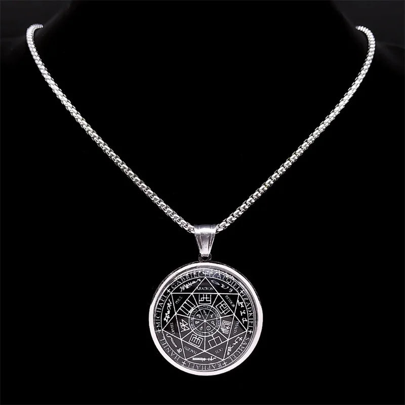 Seal of Seven Archangels Medal Stainless Steel Glass Necklace