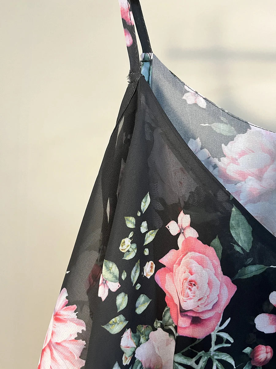 Woman Floral Print Dress Summer Spaghetti Strap Off Shoulder Sleeveless Dresses Holiday A-Line Mesh Fabric Party Dress Vestidos - AMULET RING STORE