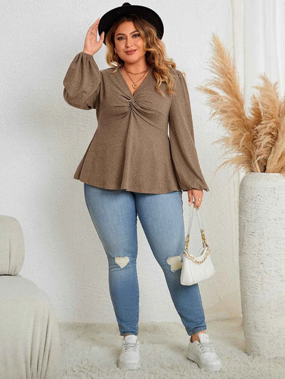 Fairyshely 2025 Spring Autumn V Neck Plus Size Top Women Long Sleeve Loose Large T-shirt Lady Brown Casual Curvy Pullover Tops