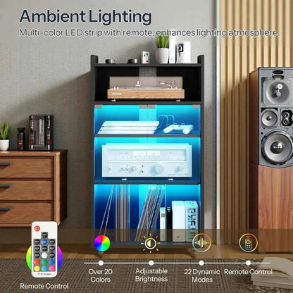5-Tier Media Cabinet with Charging Station, LED Light, and Glass Door Storage for Audio Stereo Equipment