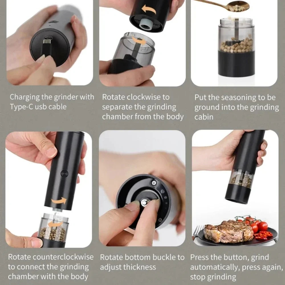 USB Rechargeable Electric Salt and Pepper Grinder Adjustable Coarseness Large Capacity Auto Spices Grinders Kitchen Cooking Tool - AMULET RING STORE