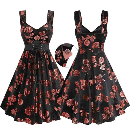 ROSEGAL Plus Size Gilding Rose Lace Up Velvet Sleeveless Swing Dress Women Summer Casual Knee-Length Dress Vestidos With Pocket