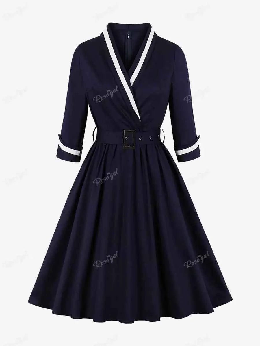 ROSEGAL Plus Size Surplice Zipper Back Vintage Dress With Belt Women Spring Autumn Three Quarter Sleeve V-Neck Sashes Dresses 4X