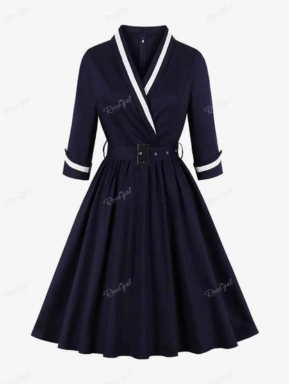ROSEGAL Plus Size Surplice Zipper Back Vintage Dress With Belt Women Spring Autumn Three Quarter Sleeve V-Neck Sashes Dresses 4X