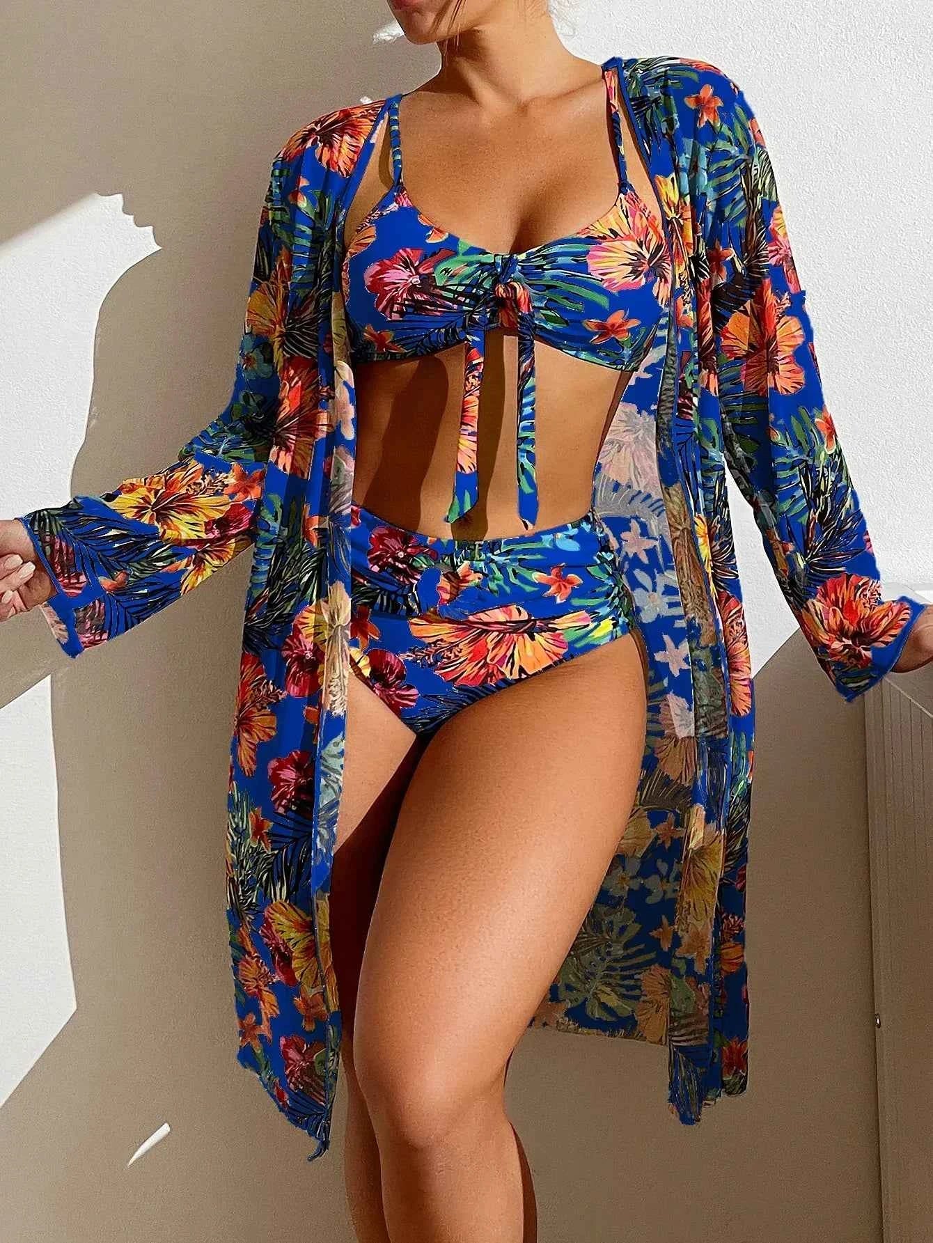 Sexy Women Beach Bikinis Three Pieces Bikini Set Cover Up Swimwear High Waisted Bikini Set Women Swimwear Print