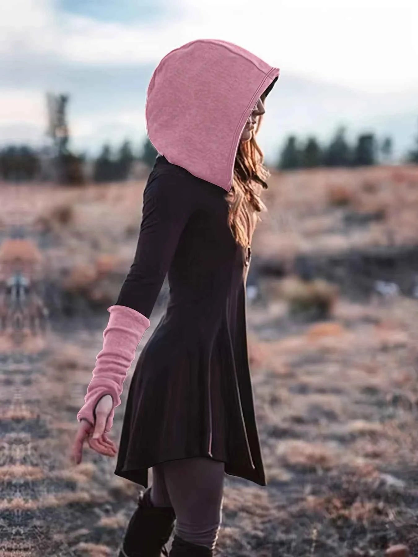 Plus Size Winter Retro Dress, Women's Plus Warm Contrasting Colors Long Sleeve Asymmetrical Hem Slight Stretch Hooded Dress