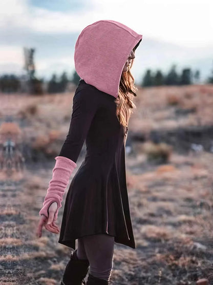 Plus Size Winter Retro Dress, Women's Plus Warm Contrasting Colors Long Sleeve Asymmetrical Hem Slight Stretch Hooded Dress