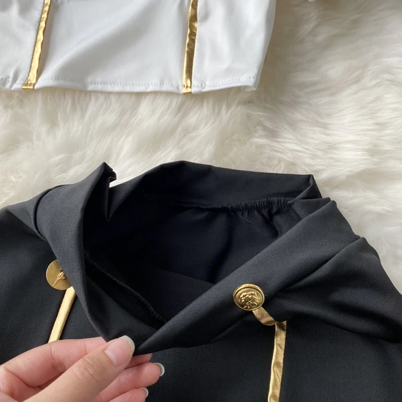 Women Sexy Hollow Skirts Suits Lace Patchwork Turn-down Collar Tops Mini Skirt Underpants 3 Pieces Erotic Pajamas Sets Cosplay - AMULET RING STORE