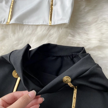 Women Sexy Hollow Skirts Suits Lace Patchwork Turn-down Collar Tops Mini Skirt Underpants 3 Pieces Erotic Pajamas Sets Cosplay - AMULET RING STORE