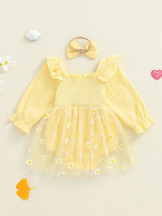 Adorable Infant Princess Tutu Dress Set Elegant Floral Applique Ruffled Romper with Matching Bow Headband for Baby Girl s