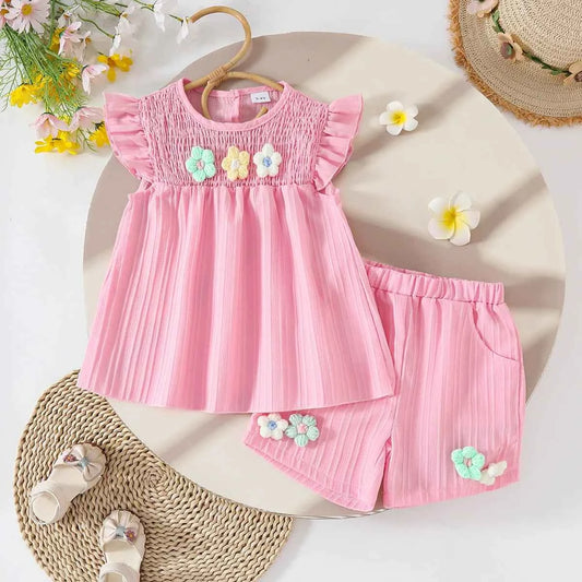 Baby Girls Summer Set Flowers Short Sleeved Top Bow Shorts Casual Toddler Clothes for Kids 1-4 Year