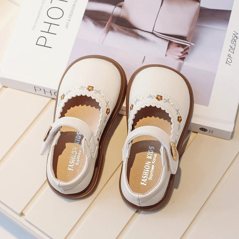Toddler Girl's Mary Janes Flower Embroider Shallow Sweet Children Leather Shoes Three Colors Hook-loop Comfy Kids Shoe 21-30 - AMULET RING STORE