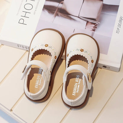 Toddler Girl's Mary Janes Flower Embroider Shallow Sweet Children Leather Shoes Three Colors Hook-loop Comfy Kids Shoe 21-30 - AMULET RING STORE