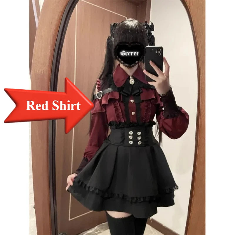 Sweet Gothic Lolita Two Piece Set, Off Shoulder Blouse + High Waist Skirt, Kawaii Tri-color Lace Coord Outfit for Women & Teens