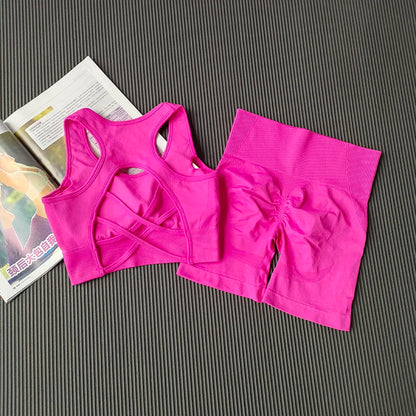 High Waist Seamless Fitness Suit Shockproof Sports Bra Women Quick-drying Training for Lifting Buttocks Three-point Shorts Sets