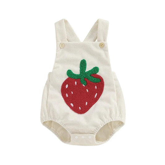 Infant Baby Girl Boy Overalls Rompers Summer Rainbow/Strawberry Embroidery Sleeveless Square Neck Suspender Ribbed Romper - AMULET RING STORE