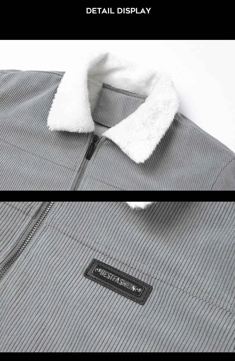 Winter Men Fleece Jacket Padded Warm Loose Parka Coat Corduroy Short Jacket Man Solid Fur Collar Windbreaker Cotton Jackets
