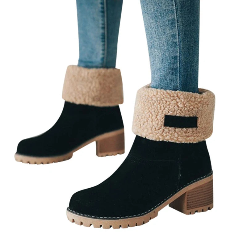 Autumn and Winter Fashion New Casual Comfortable Plus Velvet Warm Square Heel Round Toe Solid Color Women's Ankle Boots - AMULET RING STORE