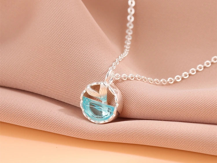 Mermaid Foam 925 Sterling Silver Fish Tail Tear Blue Crystal Clavicle Chain Pendant Necklaces