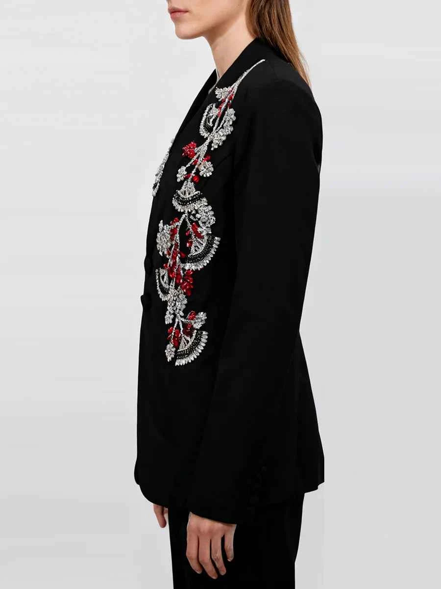 TWOTWINSTYLE Solid Spliced Bead Flower Temperament Blazers for Women V Neck Long Sleeves Patchwork Single Breasted Blazer Female