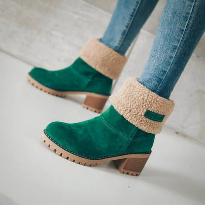Autumn and Winter Fashion New Casual Comfortable Plus Velvet Warm Square Heel Round Toe Solid Color Women's Ankle Boots - AMULET RING STORE
