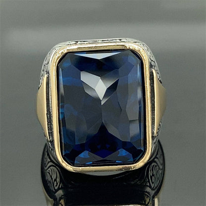 Delicate Square Geometry Grave Gold Silver Color Blue Stone Rings for Men