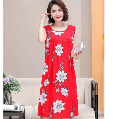 Summer Middle-Aged and Elderly Cotton Silk Nightgowns Pajamas Women's Dresses Large Size Mother's Casual Nightgowns Homewear - AMULET RING STORE