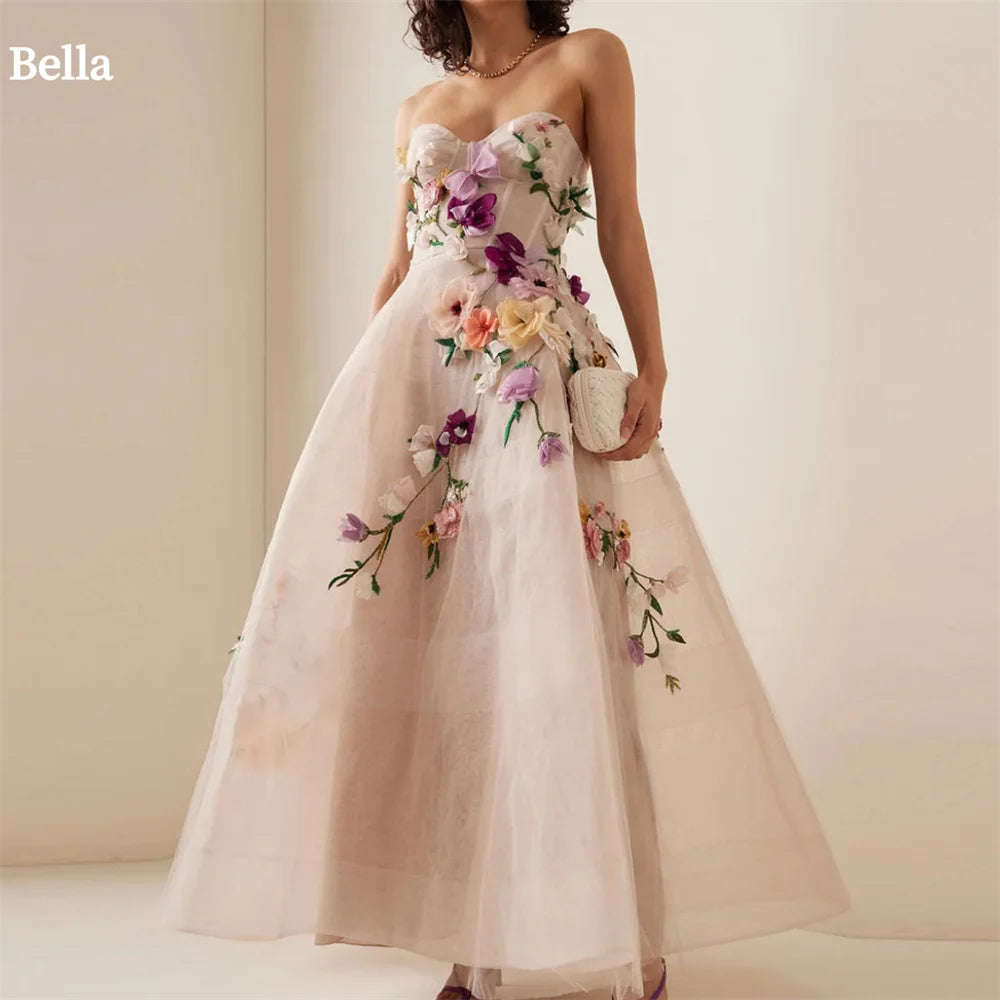Bella Customized A-Line 3D Flowers robes de soirée Ankle-Length Strapless Evening Dresses Wedding Party V Neck Wedding Dress - AMULET RING STORE