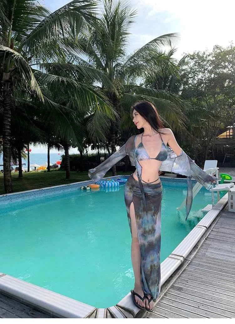 2025 Swimsuit Women's Sexy Bikini Four Piece Tie Dye Long Skirt Sexy European and American Slim Fit Hot Spring Vacation