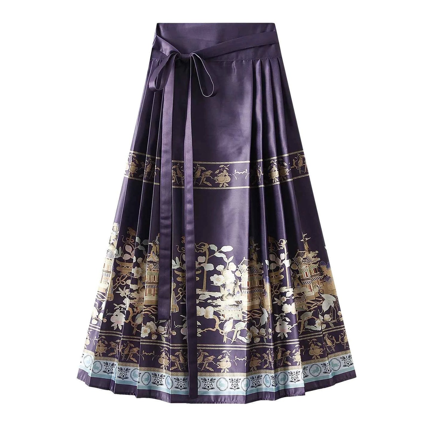 Women s Horse Face Skirt Elegant Phoenix Character Flower Print Pleated Tie Up A-Line Long Swing Skirt National Clothing
