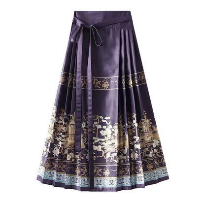 Women s Horse Face Skirt Elegant Phoenix Character Flower Print Pleated Tie Up A-Line Long Swing Skirt National Clothing