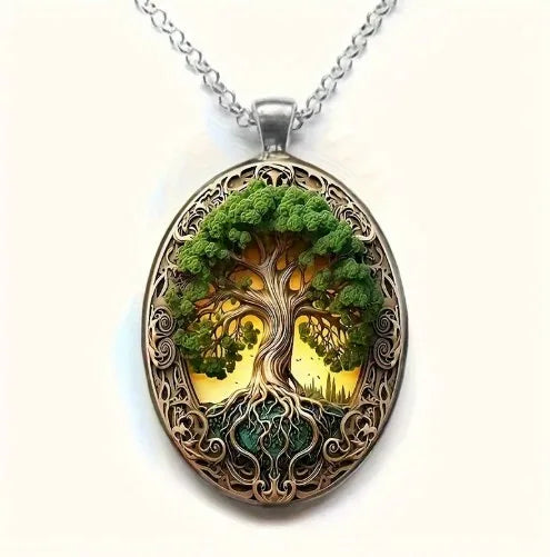 New Fashionable and Elegant Tree of Life Pattern Elliptical Glass Alloy Pendant Necklace Jewelry Wholesale--