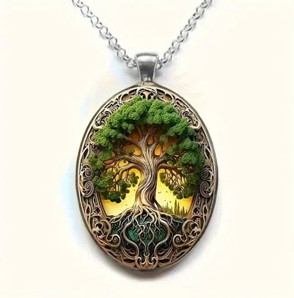 New Fashionable and Elegant Tree of Life Pattern Elliptical Glass Alloy Pendant Necklace Jewelry Wholesale--