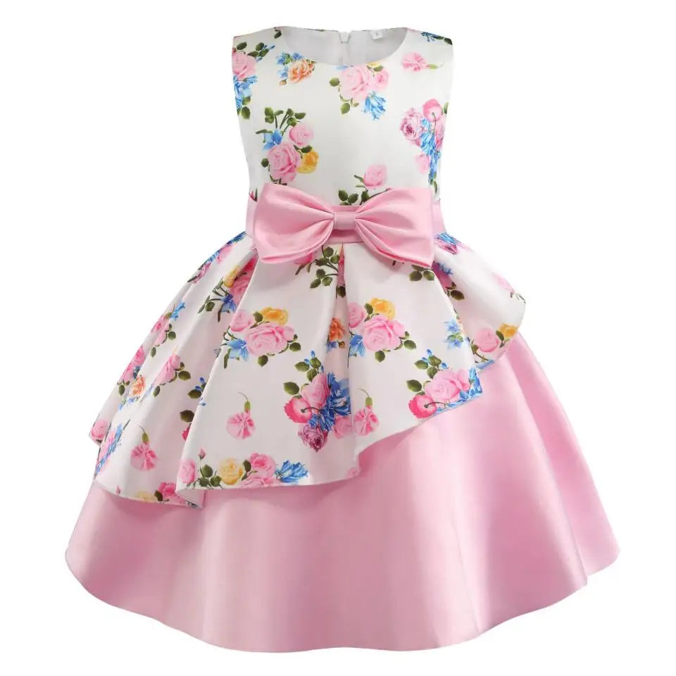 Summer Girls Rose Print Dress Princess Wedding Birthday Party Frocks Satin Children Vestidos Dresses For Girl Christmas Clothing