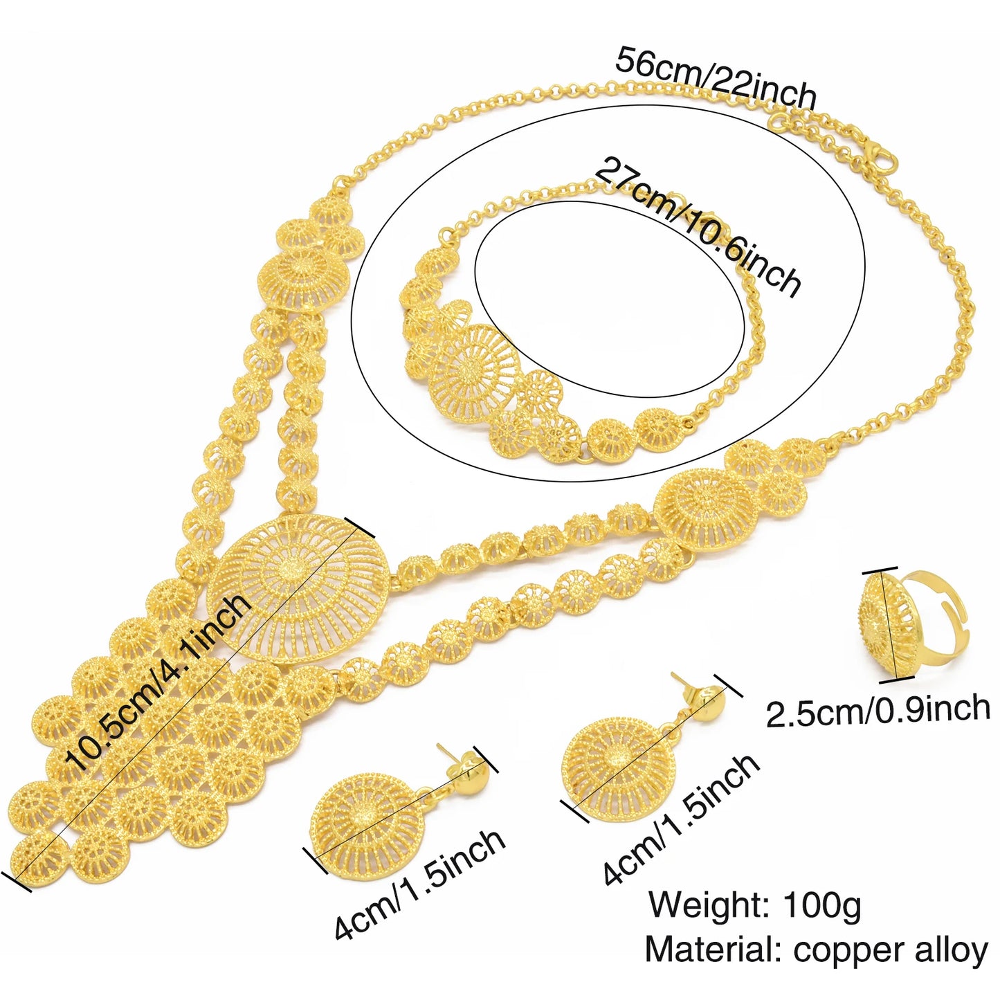 Wholesale African 24K Gold Color Long Necklace Jewelry Set Nigerian Party Bridal Wedding Ethiopian Luxury Dubai Indian