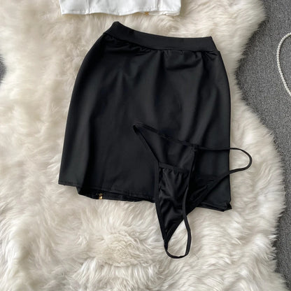 Women Sexy Hollow Skirts Suits Lace Patchwork Turn-down Collar Tops Mini Skirt Underpants 3 Pieces Erotic Pajamas Sets Cosplay - AMULET RING STORE