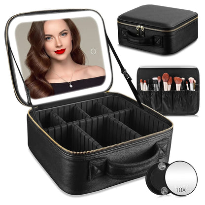 Makeup Organizer with Mirror Light 3 Adjustable Brightness Travel Train Case Cosmetic Bag Portable Storage Partition Waterproof - AMULET RING STORE