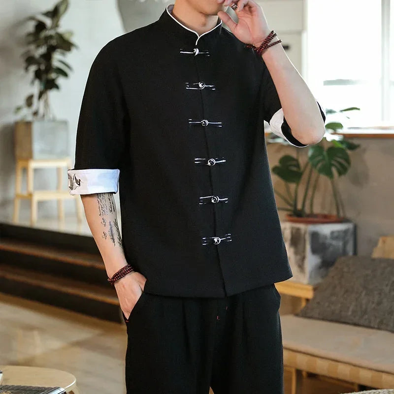 New Crane Embroidery Top Traditional Chinese Clothing for Men Vintage Half Sleeve Linen Shirts Solid Madarin Collar Hanfu Kungfu