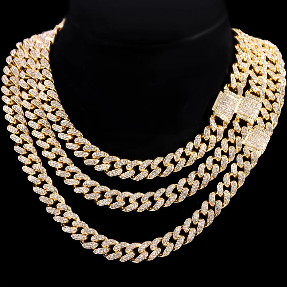 Iced Out Bling AAA Rhinestones Prong Cuban Link Chain Men's Necklace 2 Row Crystal Curb Cuban Chain Hip Hop Jewelry 13/14/20MM - AMULET RING STORE