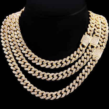Iced Out Bling AAA Rhinestones Prong Cuban Link Chain Men's Necklace 2 Row Crystal Curb Cuban Chain Hip Hop Jewelry 13/14/20MM - AMULET RING STORE