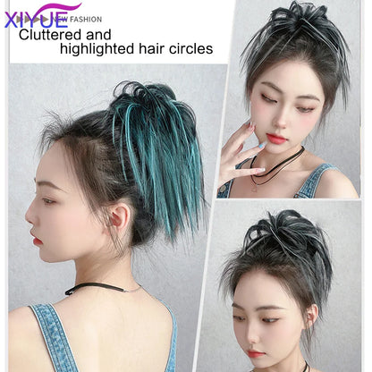 XIYUE Synthetic Messy Hair Bun Tousled Hairpiece Elastic Band Chignon Curly Scrunchie Updo Cover Hair Tail for Women Pink - AMULET RING STORE