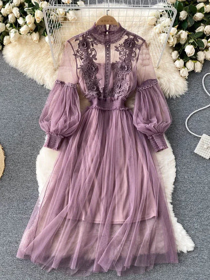 Ladies Dress Three-dimensional Flower Hook Mesh Temperament Stand Collar Lantern Sleeve High Waist Slim Female Dresses - AMULET RING STORE