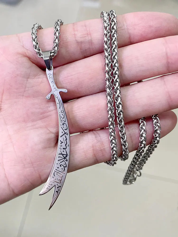 Beautiful engraved Ali zulfiqar sword stainless steel pendant necklace islamic jewelry muslim - AMULET RING STORE
