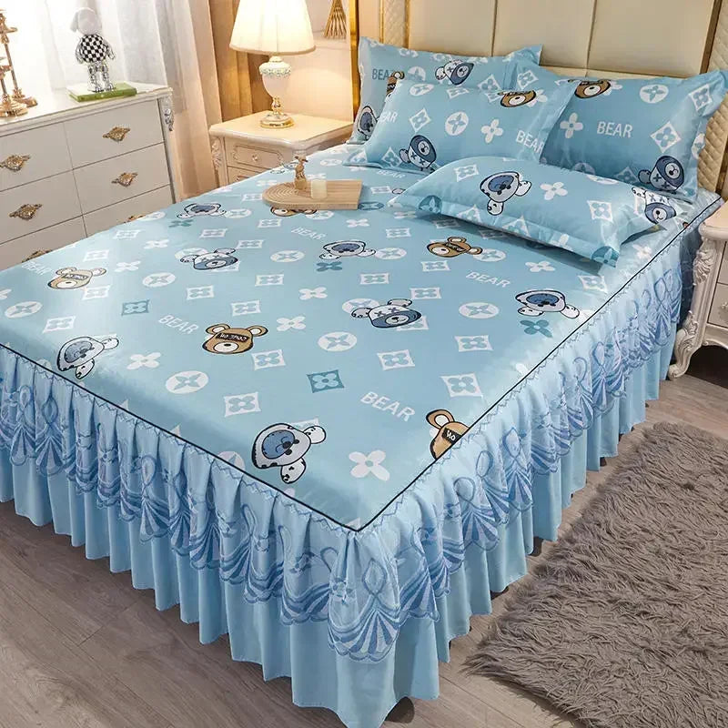 3Pcs/Lot Double Bed Sheet Set Classic Lace Royal Blue Bed Sheet Bed Skirt